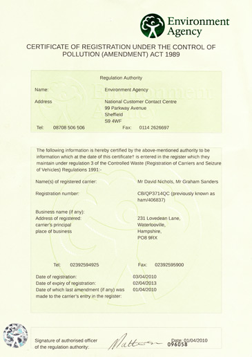 Environment Agency Certificate